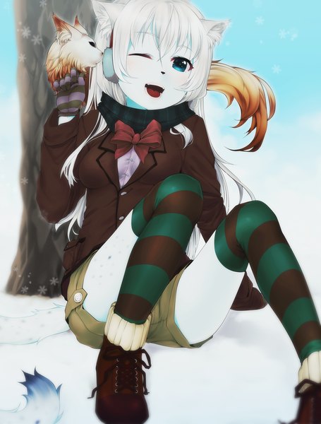 Anime picture 1436x1892 with eventh7 single tall image blush open mouth blue eyes smile animal ears sky white hair one eye closed wink cat ears snow pale skin girl thighhighs gloves shorts boots