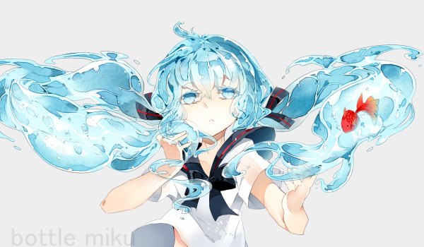 Anime picture 1200x700 with vocaloid hatsune miku bottle miku rooseputo 02 single long hair looking at viewer blue eyes simple background wide image white background twintails blue hair inscription liquid hair girl serafuku fish (fishes)