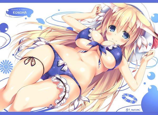 Anime picture 800x585 with original konoha (nozomi tsubame) nozomi tsubame single long hair looking at viewer fringe breasts blue eyes light erotic simple background blonde hair smile hair between eyes large breasts white background holding signed animal ears bare legs