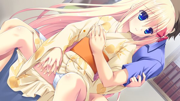 Anime picture 1024x576 with lovely quest long hair blue eyes light erotic blonde hair wide image game cg japanese clothes girl underwear panties bow hair bow kimono