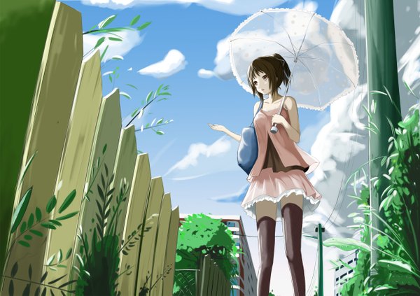 Anime picture 2480x1751 with original kyaro (kyaro54) single fringe highres brown hair holding brown eyes sky cloud (clouds) ponytail transparent umbrella girl thighhighs skirt plant (plants) tree (trees) building (buildings) umbrella bag