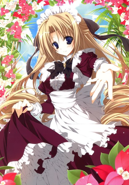 Anime picture 2446x3500 with inugami kira single long hair tall image looking at viewer blush highres blue eyes blonde hair scan maid drill hair girl flower (flowers) bow hair bow headdress maid headdress