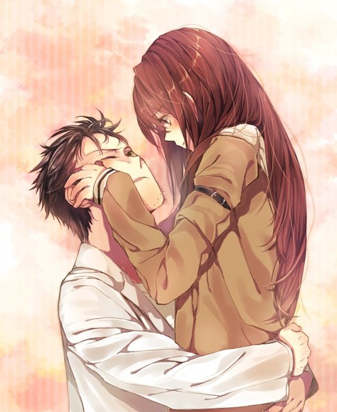 Anime picture 690x841 with steins;gate white fox makise kurisu okabe rintarou sunege long hair tall image blush fringe short hair open mouth black hair simple background hair between eyes brown hair brown eyes long sleeves parted lips one eye closed open shirt