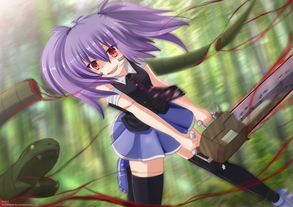 Anime picture 1900x1344 with original kazenokaze long hair highres open mouth red eyes twintails purple hair girl thighhighs skirt black thighhighs blood