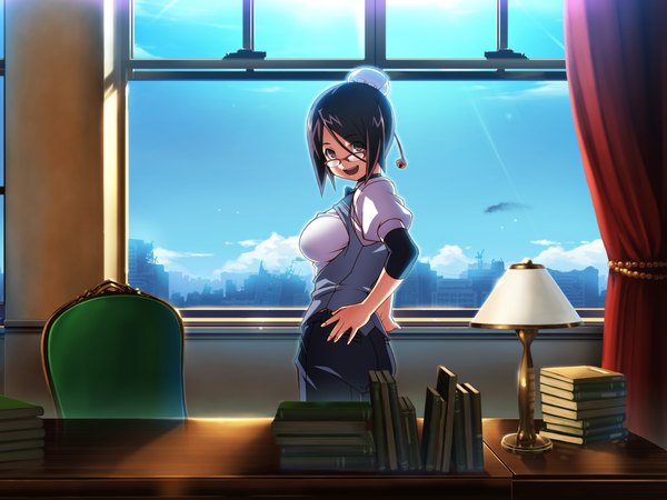 Anime picture 1024x768 with hotel (game) short hair open mouth black hair brown eyes game cg girl glasses window book (books)