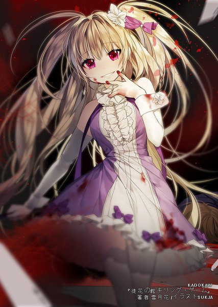 Anime picture 700x984 with adabana no yakata killing game sorolp tall image looking at viewer short hair blonde hair smile red eyes brown hair twintails bare shoulders signed lying long sleeves very long hair head tilt hair flower solo focus walking blood on face