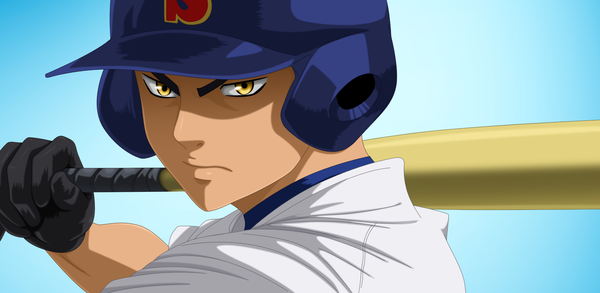 Anime picture 1600x782 with daiya no ace production i.g yuki tetsuya flowerinhell single looking at viewer simple background wide image holding lips dark skin blue background serious boy gloves black gloves baseball bat baseball uniform baseball helmet