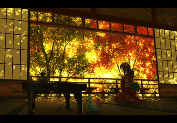 Anime picture 1500x1045 with original doora (dora0913) single long hair brown hair sitting green eyes indoors traditional clothes japanese clothes scenic autumn girl hair ornament plant (plants) tree (trees) kimono table cup ball