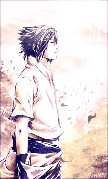 Anime picture 1000x1658 with naruto studio pierrot naruto (series) uchiha sasuke kivi1230 single tall image short hair black hair simple background standing white background signed looking away eyes closed traditional clothes japanese clothes wind short sleeves spiked hair