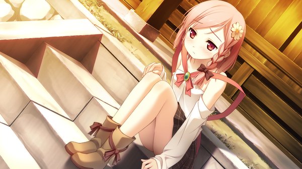Anime picture 1920x1080 with your diary yua (your diary) kantoku blush highres short hair red eyes wide image pink hair game cg braid (braids) hair flower loli girl hair ornament