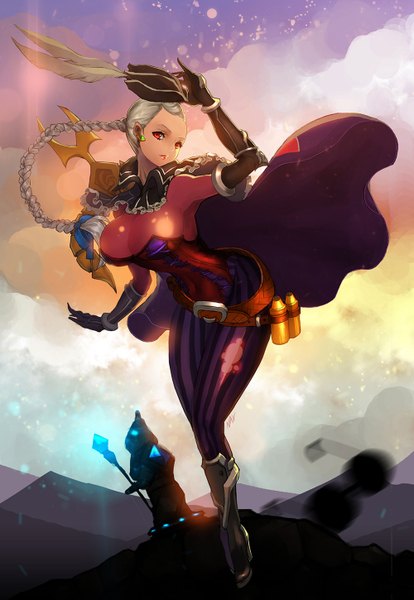 Anime picture 1000x1449 with league of legends vayne (league of legends) nal (artist) single long hair tall image breasts light erotic red eyes large breasts grey hair single braid girl hat belt cloak crossbow
