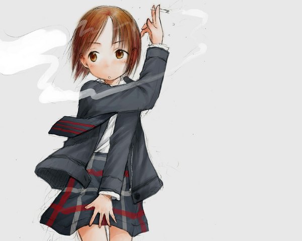 Anime picture 1024x819 with ichigo mashimaro itou nobue single short hair simple background brown hair holding brown eyes looking away parted lips wind grey background plaid skirt smoke covering smoking plaid girl skirt uniform