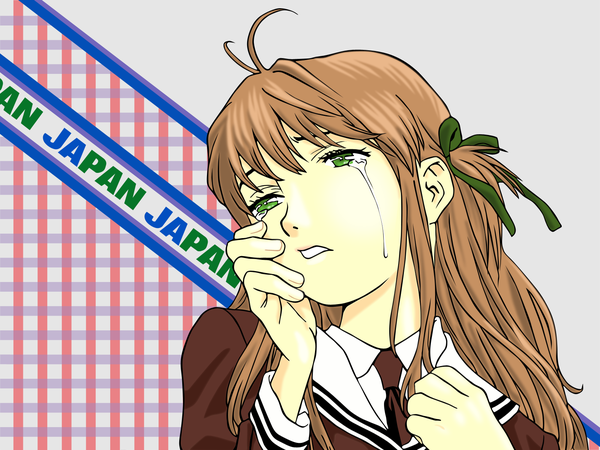 Anime picture 1600x1200 with yakitate!! japan azusagawa tsukino single long hair brown hair green eyes ahoge upper body tears vector hand on cheek girl ribbon (ribbons) hair ribbon necktie