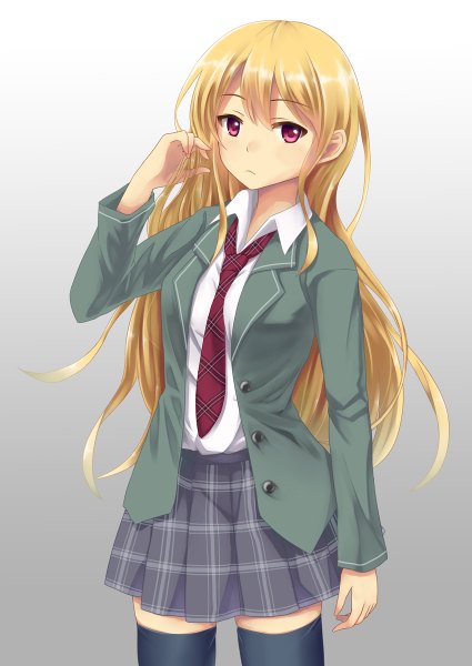 Anime picture 850x1200 with original konkito single long hair tall image looking at viewer blonde hair red eyes thighhighs skirt uniform black thighhighs school uniform necktie