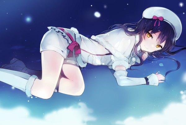 Anime picture 940x636 with love live! school idol project sunrise (studio) love live! sonoda umi lpip single long hair looking at viewer blush smile yellow eyes purple hair lying snowing girl detached sleeves shorts beret knee boots white shorts
