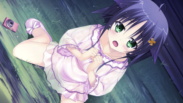Anime picture 1280x720 with koi doki hinata chika single looking at viewer blush short hair open mouth wide image green eyes blue hair game cg girl dress camera