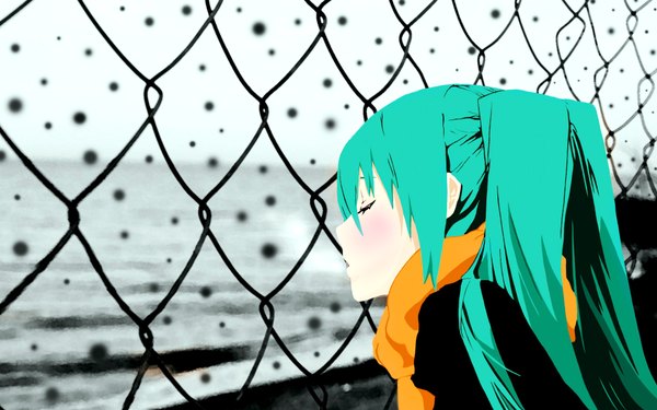 Anime picture 1920x1200 with vocaloid hatsune miku single long hair blush fringe highres twintails outdoors eyes closed parted lips alternate costume wallpaper scar horizon girl