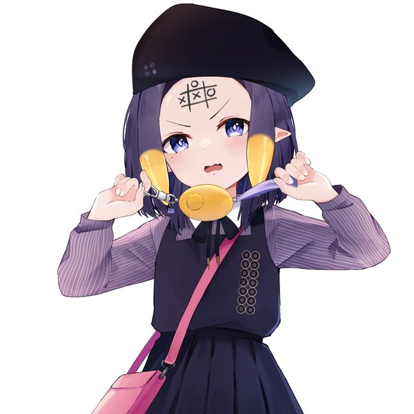 Anime picture 2500x2500 with virtual youtuber hololive hololive english shukusei!! loli-gami requiem ninomae ina'nis ninomae ina'nis (2nd costume) lucferz single looking at viewer highres short hair open mouth simple background white background purple eyes purple hair long sleeves pointy ears angry forehead mark