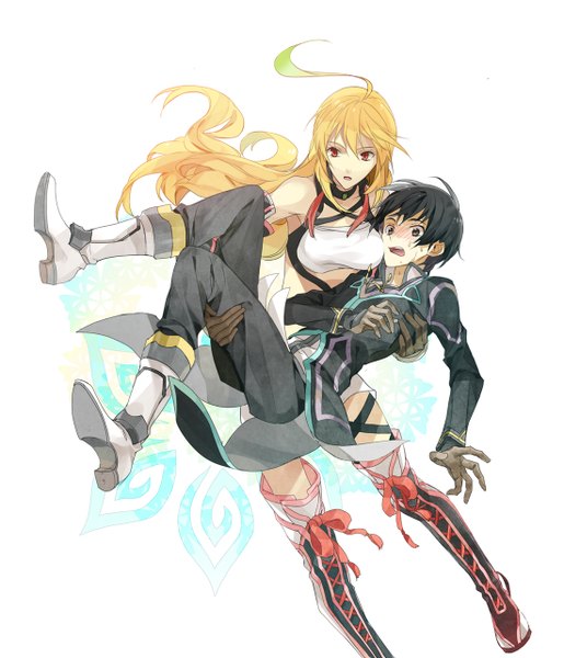 Anime picture 1100x1282 with tales of (series) tales of xillia milla maxwell jude mathis izumi (nagashi) long hair tall image blush short hair black hair simple background blonde hair red eyes white background holding looking away very long hair grey eyes embarrassed couple