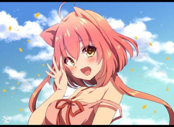 Anime picture 800x585 with original nemuri nemu single looking at viewer blush short hair open mouth smile bare shoulders signed animal ears yellow eyes pink hair sky cloud (clouds) upper body head tilt cat ears cat girl happy