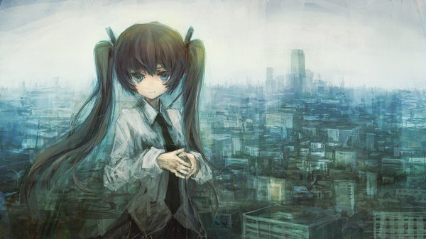 Anime picture 1920x1080 with vocaloid hatsune miku lm7 (op-center) single long hair highres blue eyes brown hair wide image twintails cityscape girl necktie