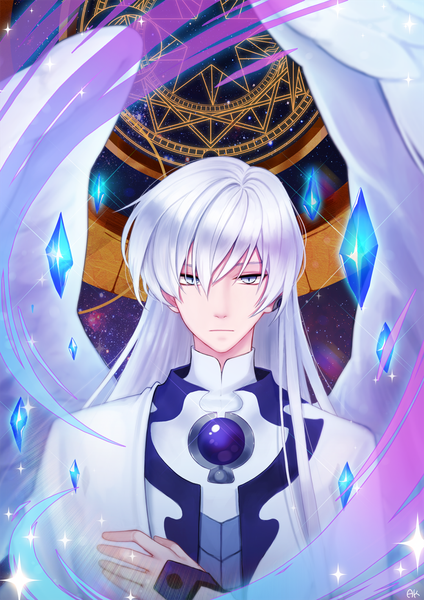 Anime picture 1000x1415 with card captor sakura clamp yue (cardcaptor sakura) ango single long hair tall image looking at viewer fringe hair between eyes silver hair upper body sparkle angel wings silver eyes expressionless white wings boy wings crystal