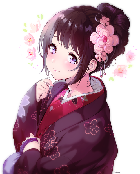 Anime picture 900x1118 with hyouka kyoto animation chitanda eru mery (yangmalgage) single tall image looking at viewer blush fringe short hair black hair simple background smile white background purple eyes signed upper body traditional clothes japanese clothes wide sleeves