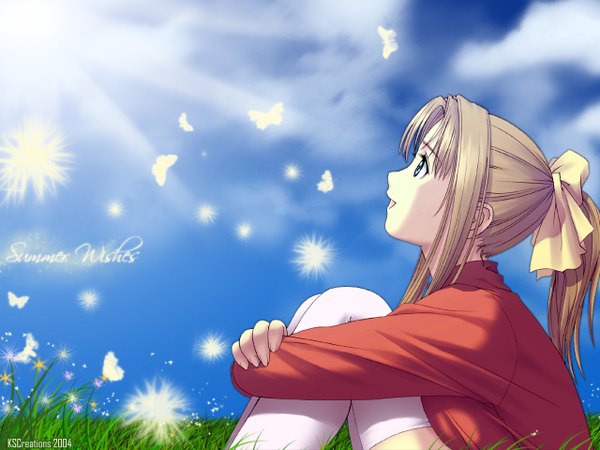 Anime picture 1280x960 with after shiomiya kanami tony taka single long hair blue eyes blonde hair brown hair looking away ponytail profile looking up leg hug girl thighhighs white thighhighs