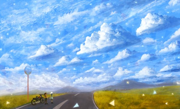 Anime picture 1330x805 with original bounin long hair brown hair wide image multiple girls sky cloud (clouds) white hair wind mountain landscape girl 2 girls plant (plants) grass road motorcycle traffic mirror
