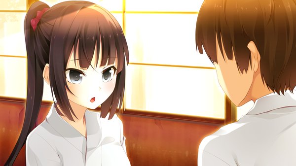 Anime picture 1280x720 with hyouka no mau sora ni shiori mitsuike long hair short hair open mouth blue eyes black hair wide image game cg girl boy