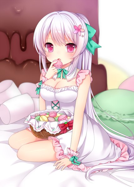Anime picture 1000x1399 with original nachi single tall image looking at viewer blush white hair very long hair pink eyes girl dress cookie (cookies) macaron