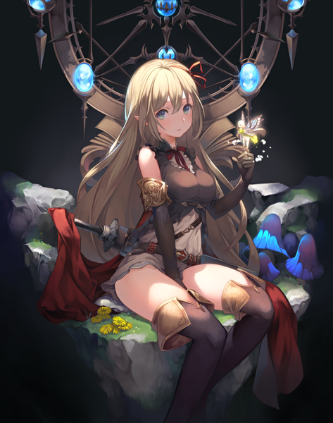 Anime picture 700x888 with shadowverse arisa (shadowverse) riku (wana) long hair tall image looking at viewer blush fringe light erotic blonde hair hair between eyes sitting multiple girls green eyes payot parted lips pointy ears sunlight fantasy between legs