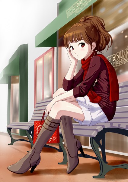 Anime picture 707x1000 with idolmaster minase iori ponnetsu single tall image looking at viewer short hair red eyes brown hair sitting girl dress boots scarf