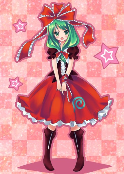 Anime picture 2000x2800 with touhou kagiyama hina zi se single long hair tall image blush highres open mouth smile green eyes green hair checkered checkered background girl dress hair ornament bow ribbon (ribbons) hair bow