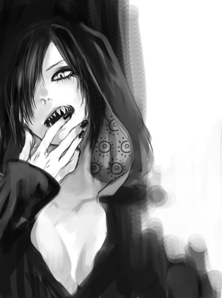 Anime picture 1000x1344 with one piece toei animation madame shirley mak (kainemaru) single tall image fringe short hair breasts open mouth black hair simple background cleavage nail polish head tilt hair over one eye teeth finger to mouth monochrome sharp teeth