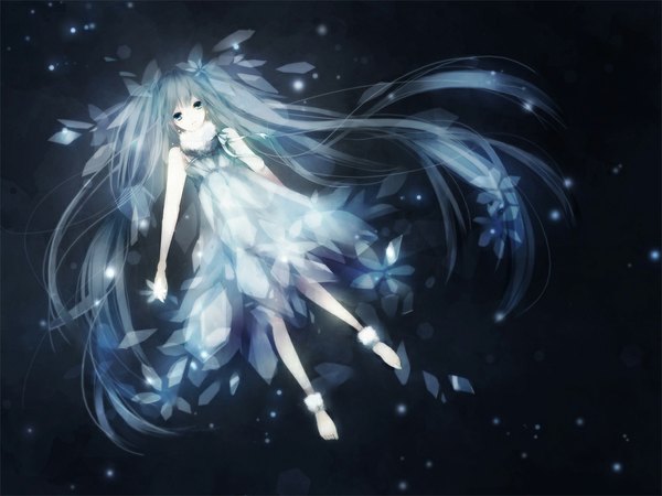 Anime picture 1000x750 with vocaloid hatsune miku yuukichi single blue eyes twintails very long hair barefoot grey hair dark background weightlessness girl dress flower (flowers) ribbon (ribbons) petals sundress