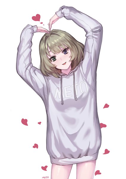 Anime picture 600x849 with idolmaster idolmaster cinderella girls takagaki kaede meto31 single tall image looking at viewer blush short hair open mouth blue eyes simple background smile white background green eyes signed head tilt green hair heterochromia clothes writing
