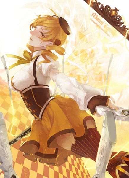 Anime picture 800x1100 with mahou shoujo madoka magica shaft (studio) tomoe mami yukisame single long hair tall image looking at viewer blonde hair twintails yellow eyes profile character names drill hair checkered underbust girl thighhighs gloves weapon