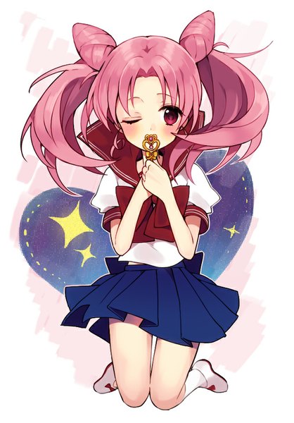 Anime picture 600x860 with bishoujo senshi sailor moon toei animation chibiusa hiyo kiki single long hair tall image looking at viewer blush fringe simple background twintails pink hair one eye closed pink eyes hair bun (hair buns) kneeling girl uniform serafuku