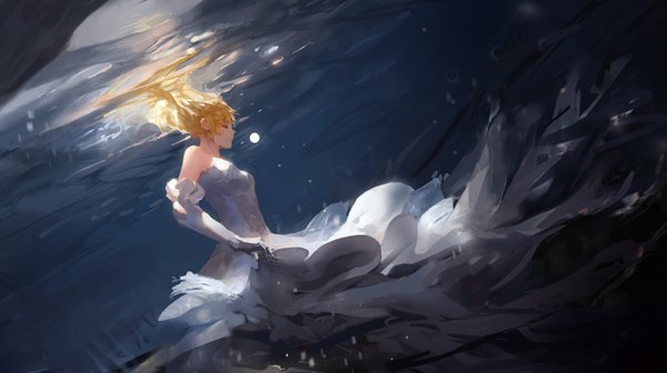 Anime picture 2697x1514 with fate (series) fate/grand order artoria pendragon (all) saber lily aenrs single long hair highres blonde hair wide image bare shoulders eyes closed underwater girl dress gloves water elbow gloves white gloves white dress