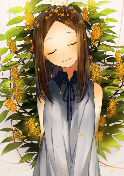 Anime picture 2893x4092 with original sogawa single long hair tall image blush highres brown hair bare shoulders upper body eyes closed head tilt light smile sleeveless hands behind back girl dress flower (flowers) leaf (leaves) osmanthus fragrans