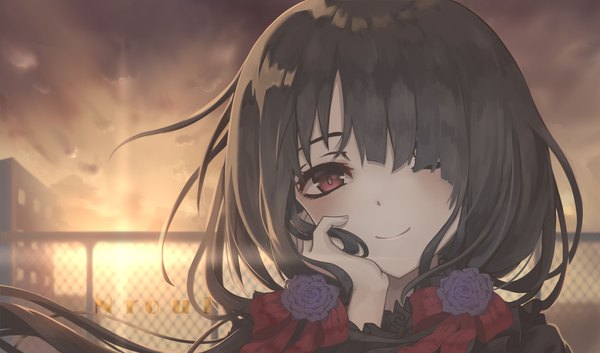 Anime picture 4070x2400 with date a live tokisaki kurumi nroy- single long hair looking at viewer blush fringe highres smile red eyes brown hair wide image twintails signed absurdres sky cloud (clouds) outdoors head tilt