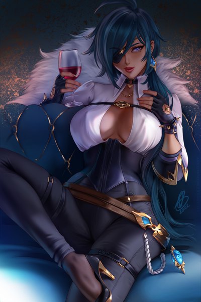 Anime picture 3000x4500 with genshin impact kaeya alberich olchas single long hair tall image looking at viewer fringe highres breasts light erotic hair between eyes large breasts sitting purple eyes holding signed blue hair ahoge fingernails