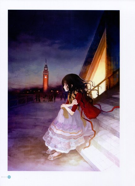 Anime picture 3237x4451 with original chiya illustration collection: mint (artbook) chiya long hair tall image highres brown hair standing sitting brown eyes absurdres sky profile wind scan night open clothes open jacket night sky wavy hair
