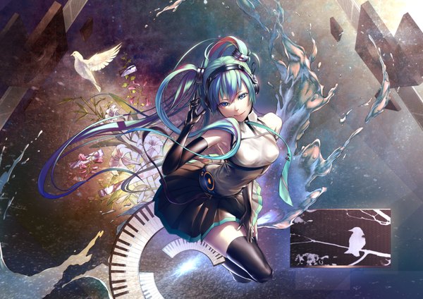 Anime picture 1600x1131 with vocaloid hatsune miku oki (koi0koi) single looking at viewer twintails very long hair aqua eyes aqua hair hand on headphones girl thighhighs skirt gloves flower (flowers) black thighhighs animal black gloves necktie elbow gloves