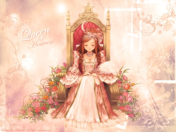 Anime picture 1600x1200 with goto p single long hair breasts brown hair sitting cleavage full body eyes closed wide sleeves text drill hair english hands clasped girl dress flower (flowers) bow necklace crown