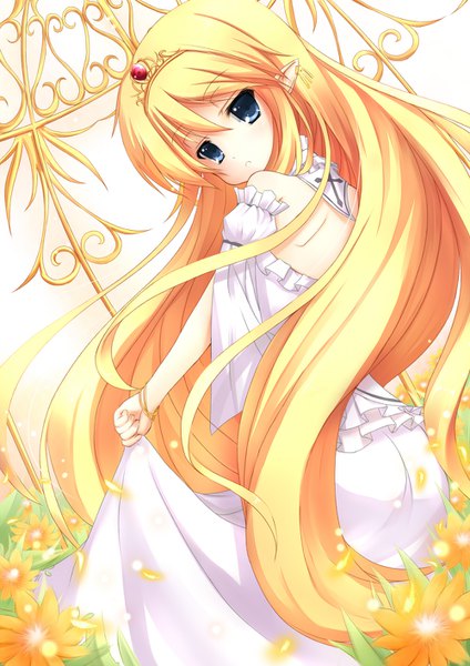 Anime picture 1000x1414 with original if (asita) single tall image looking at viewer fringe open mouth blue eyes blonde hair hair between eyes very long hair looking back pointy ears from behind :o puffy sleeves back princess girl dress
