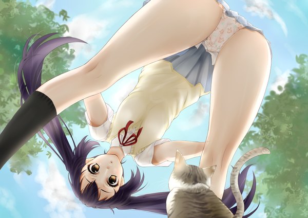 Anime picture 2000x1414 with k-on! kyoto animation nakano azusa masami chie single long hair highres light erotic twintails brown eyes purple hair from below pantyshot legs girl skirt uniform underwear panties school uniform