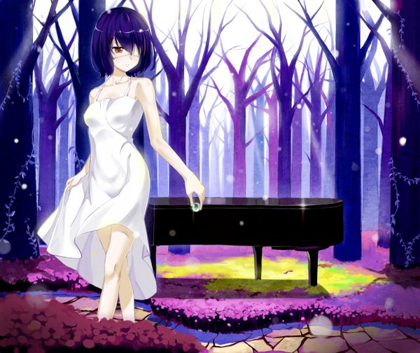 Anime picture 2500x2100 with another p.a. works misaki mei single highres short hair black hair red eyes bare shoulders girl dress flower (flowers) plant (plants) tree (trees) eyepatch sundress eyeball