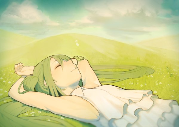 Anime picture 1115x788 with vocaloid hatsune miku kitada mo single long hair fringe twintails sky cloud (clouds) lying eyes closed green hair armpit (armpits) mouth hold arms behind head field girl dress plant (plants) grass